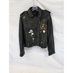 Lucky Brand Womens Leather Moto Jacket Black Patches Pins Punk Biker Size L